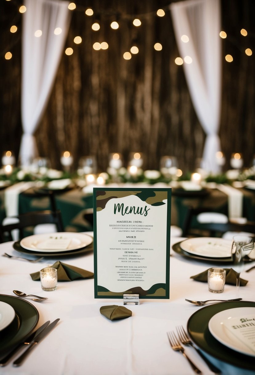 A wedding reception with camo-themed programs and menus on the tables