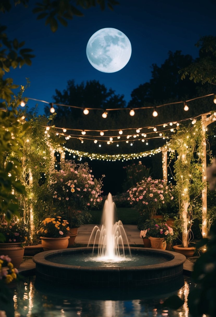 A moonlit garden filled with twinkling fairy lights, blooming flowers, and a softly flowing fountain, creating a romantic atmosphere for a night wedding