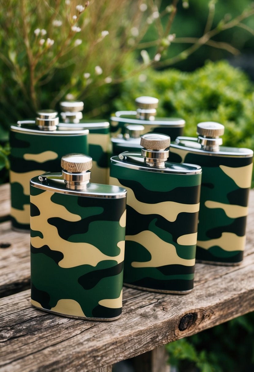 A group of camo-patterned flasks arranged on a rustic wooden table, surrounded by greenery and outdoor elements