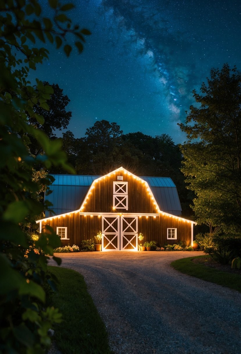 A cozy barn illuminated by twinkling lights, surrounded by lush greenery and a starry night sky