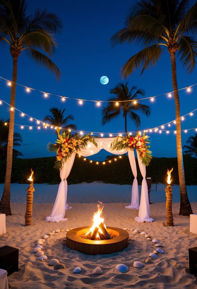 A moonlit beach with palm trees, string lights, and a canopy adorned with tropical flowers and seashells. A bonfire and tiki torches illuminate the sandy dance floor