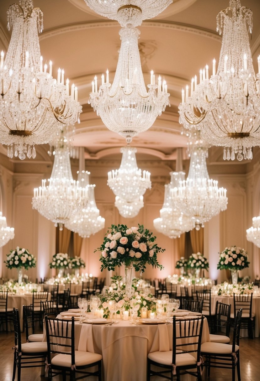 An opulent ballroom adorned with crystal chandeliers, draped in soft candlelight, and filled with tables adorned with lush floral centerpieces