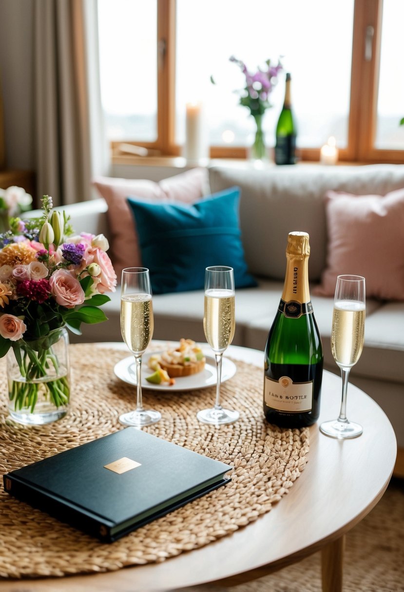 A cozy living room with a table set for two, adorned with flowers and candles. A photo album and a bottle of champagne are ready for a celebration