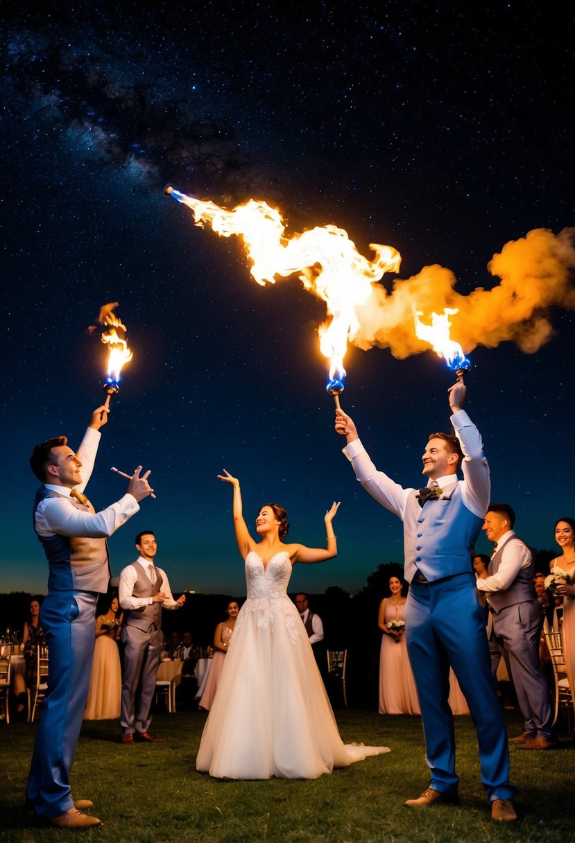 Circus performers entertain under the starry night sky at a wedding, with fire breathers, acrobats, and jugglers captivating the guests