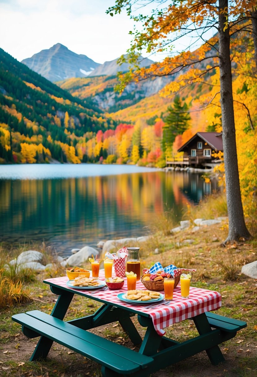 A cozy cabin nestled in the mountains, surrounded by colorful autumn foliage and a serene lake. A picnic table is set with a checkered tablecloth and a spread of delicious snacks and drinks