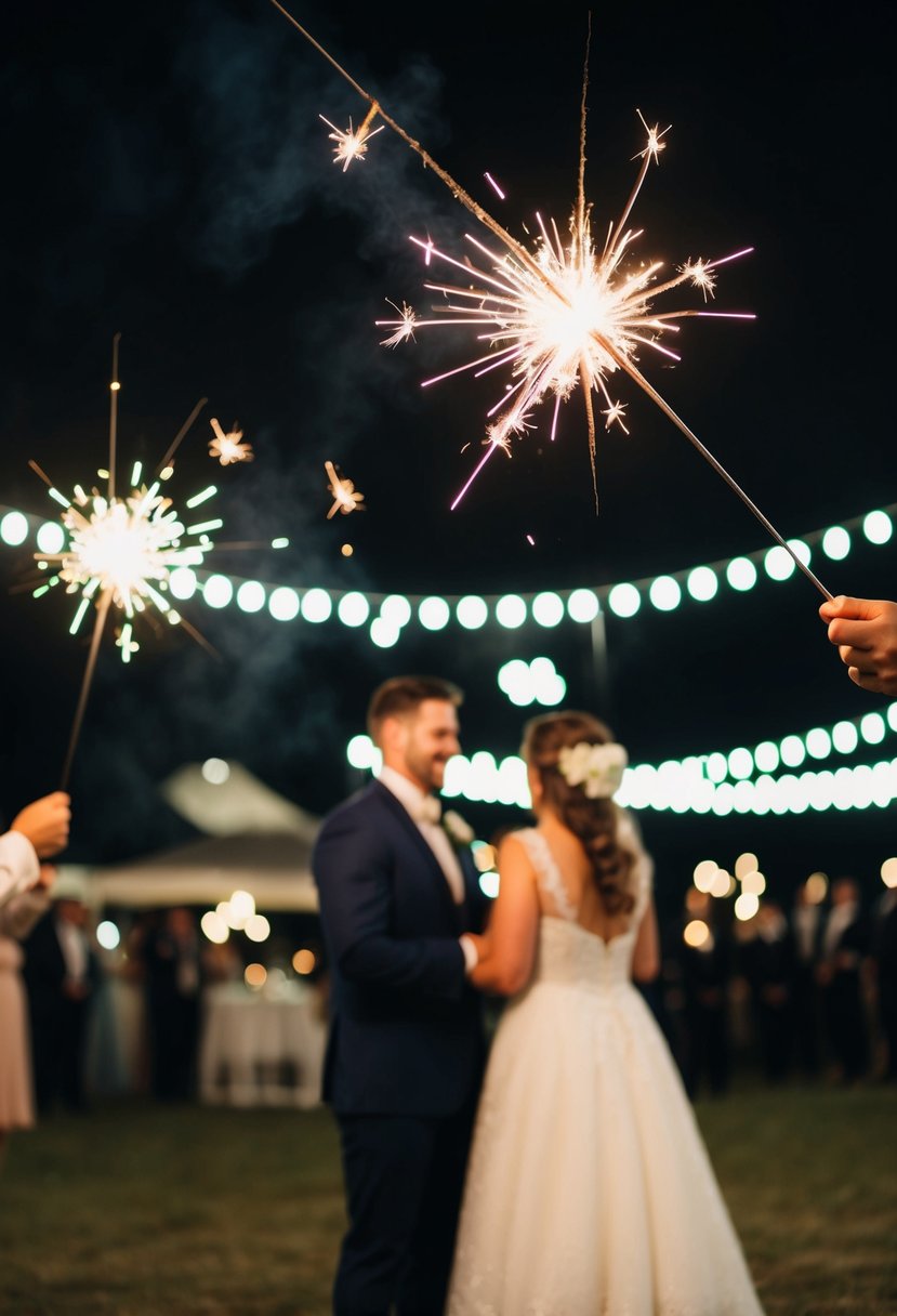 Sparklers illuminate the dark night, casting a warm glow over the wedding venue. The soft crackling sound adds to the romantic atmosphere