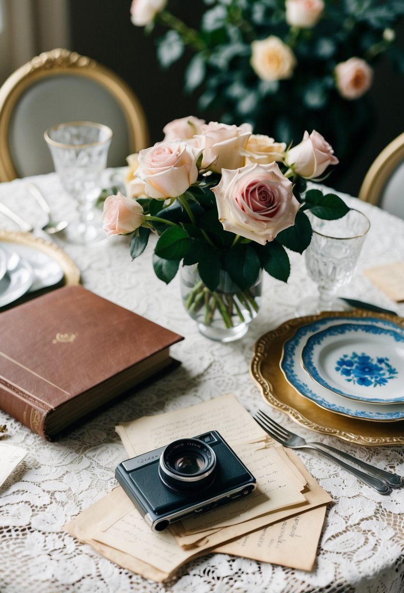 A table set with a lace tablecloth, vintage china, and a bouquet of roses. A photo album and old love letters scattered around