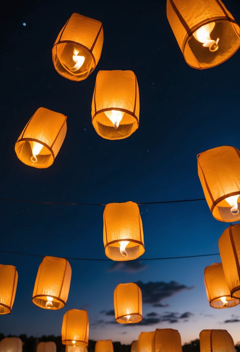 Lanterns float into the dark sky, illuminating the night with their warm glow. A serene and romantic scene for a wedding celebration