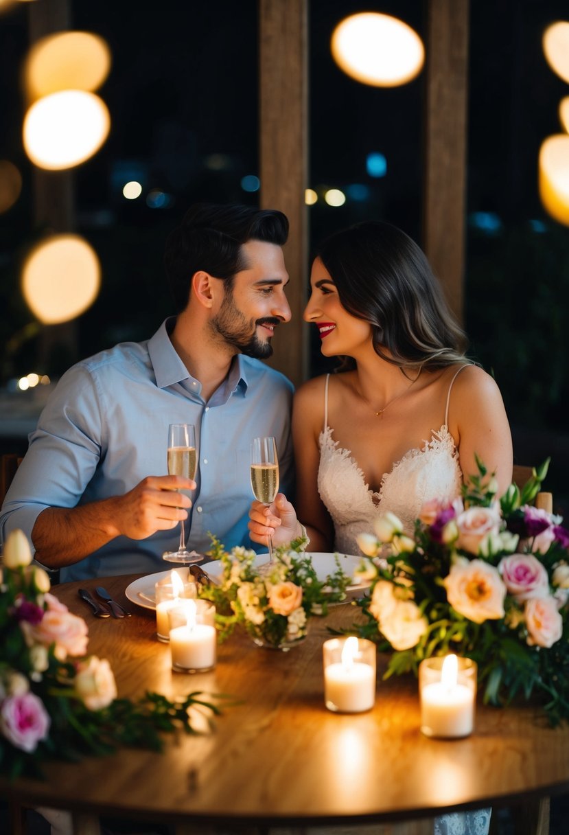 A couple sits at a candlelit table, surrounded by flowers and champagne, reminiscing about their first date