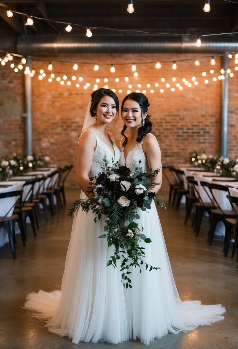 An industrial-themed night wedding with exposed brick, string lights, metal accents, and dark florals