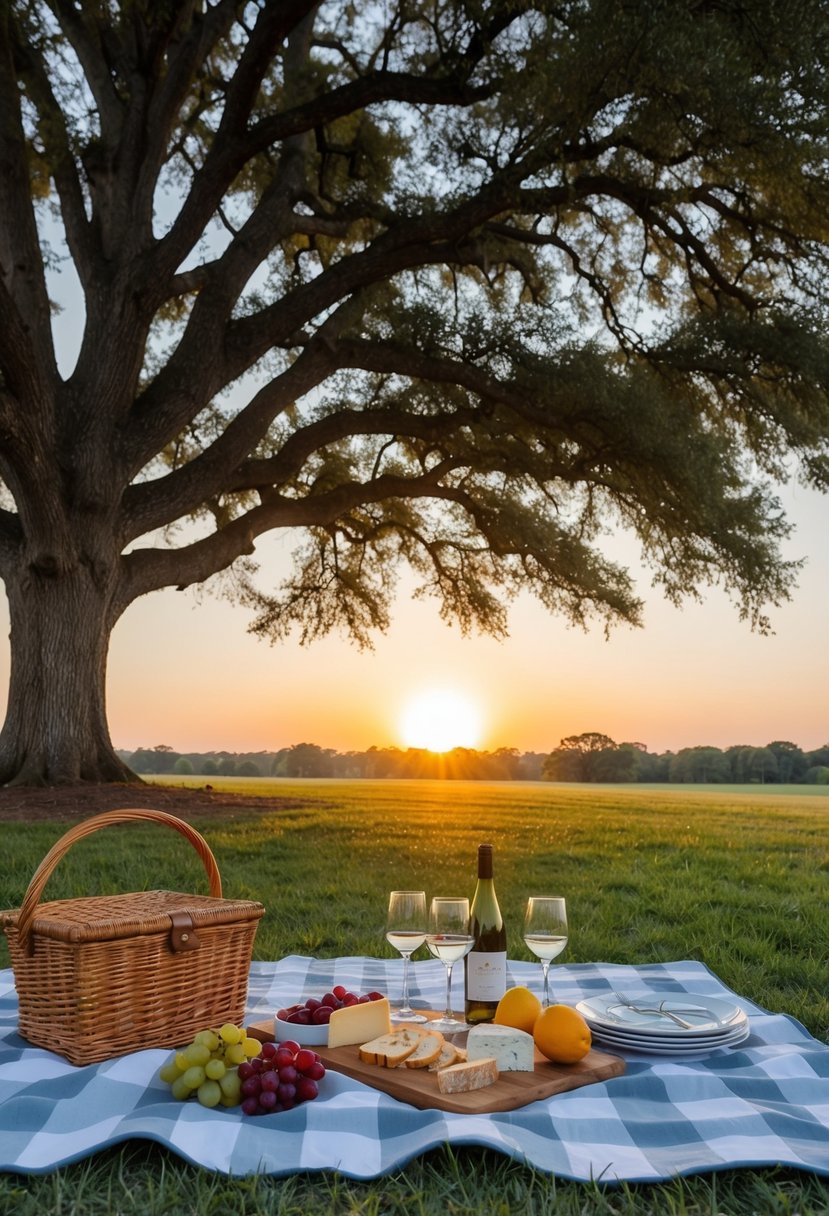 A picnic blanket spread under a large oak tree, with a wicker basket, wine glasses, and a spread of cheeses and fruits, as the sun sets over the horizon