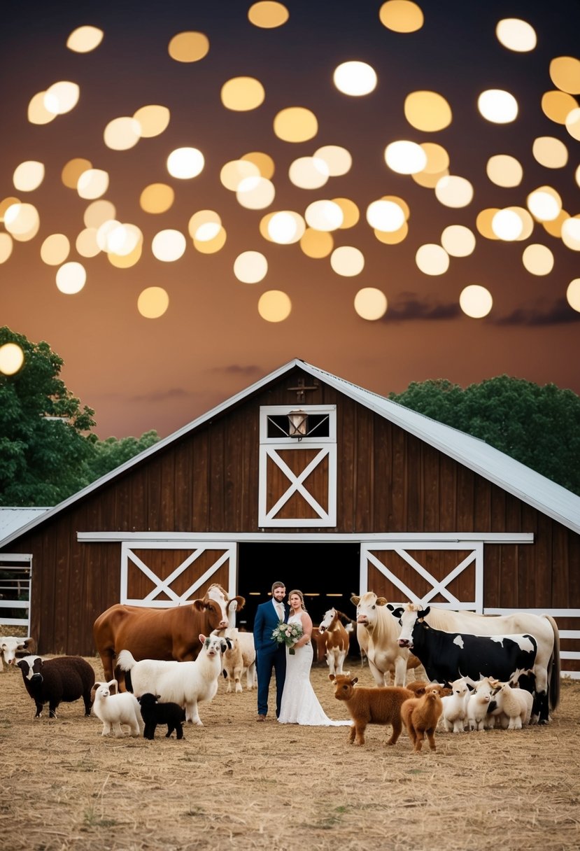 An animal farm set up with various animals and a rustic barn for a wedding entertainment night