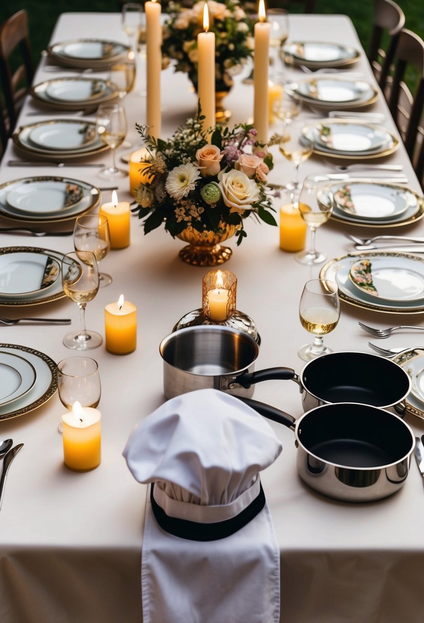 A beautifully set table with candles, fine china, and a floral centerpiece. A chef's hat and apron are laid out next to pots and pans, ready to cook a special anniversary dinner