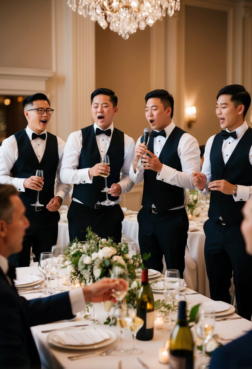 Waiters in formal attire serenade guests with song during a wedding dinner