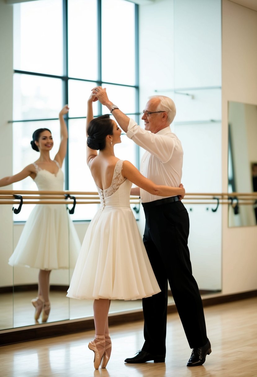 A couple gracefully dances in a studio, surrounded by mirrors and ballet barres. The instructor guides them through the steps, as they celebrate their 67th wedding anniversary