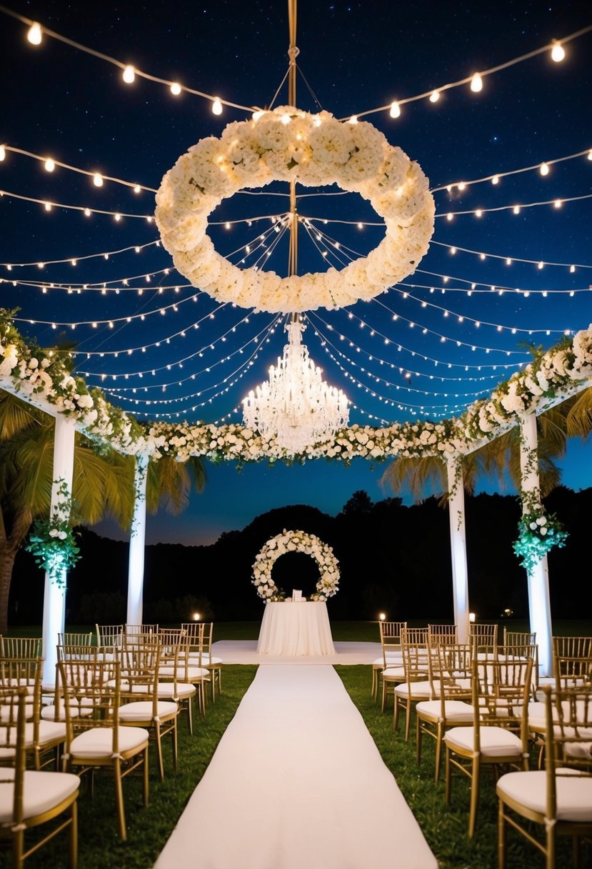 A grand outdoor wedding under a luxury starry night backdrop, with twinkling lights and elegant décor