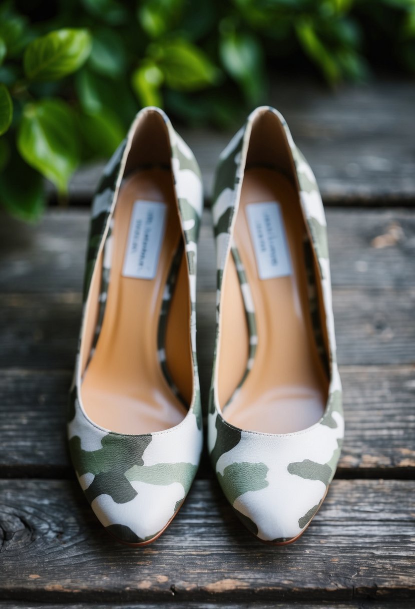 A pair of elegant wedding shoes with subtle camo details, placed on a rustic wooden surface with green foliage in the background