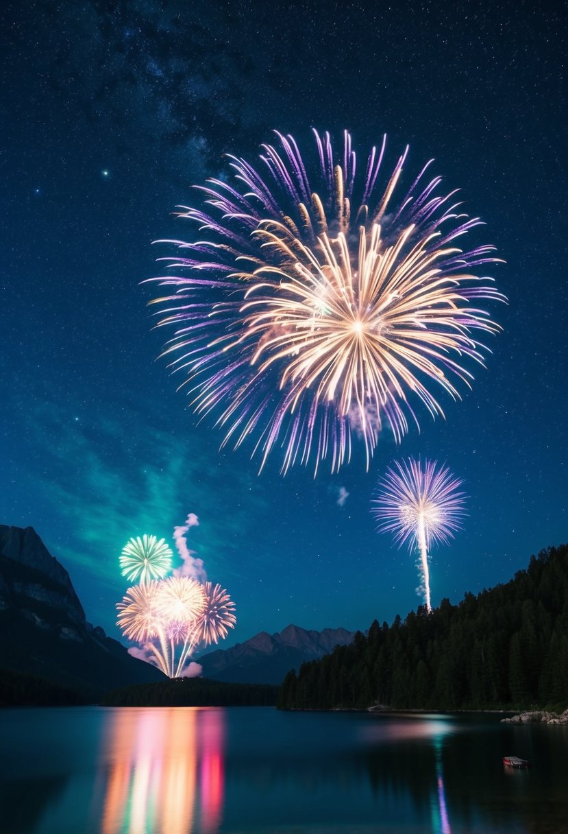 A starry night sky above a picturesque lake, with colorful fireworks bursting in the air, reflecting off the water