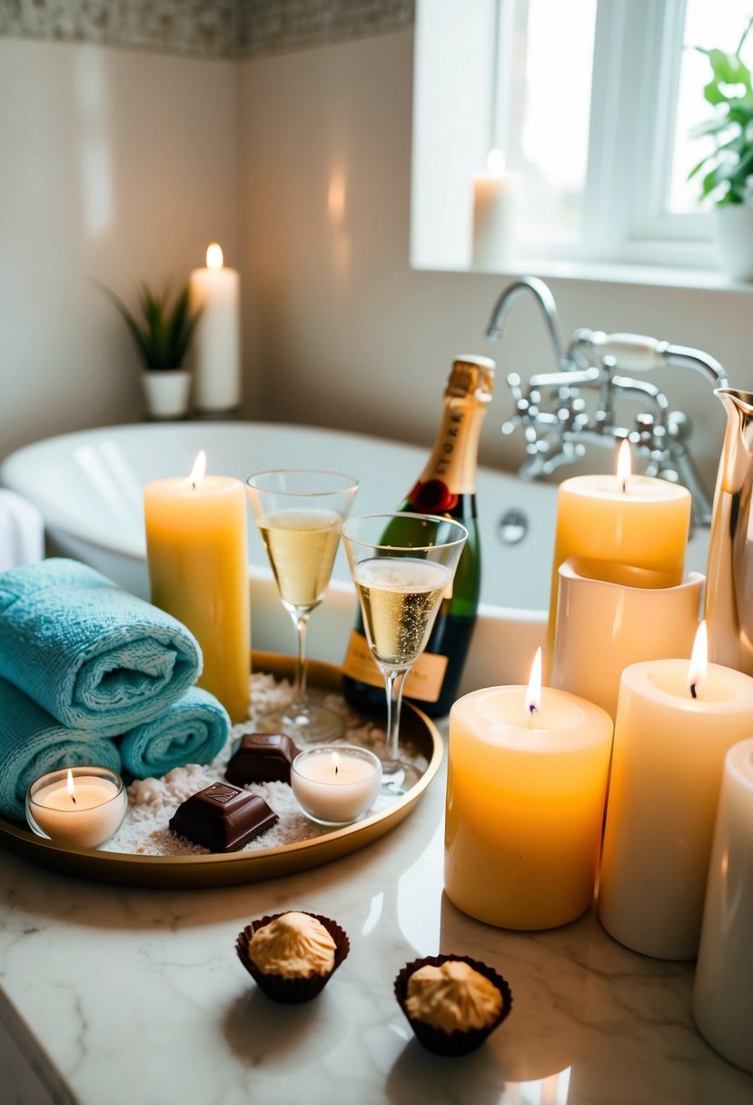 A cozy bathroom with candles, fluffy towels, bath salts, and a tray of champagne and chocolates