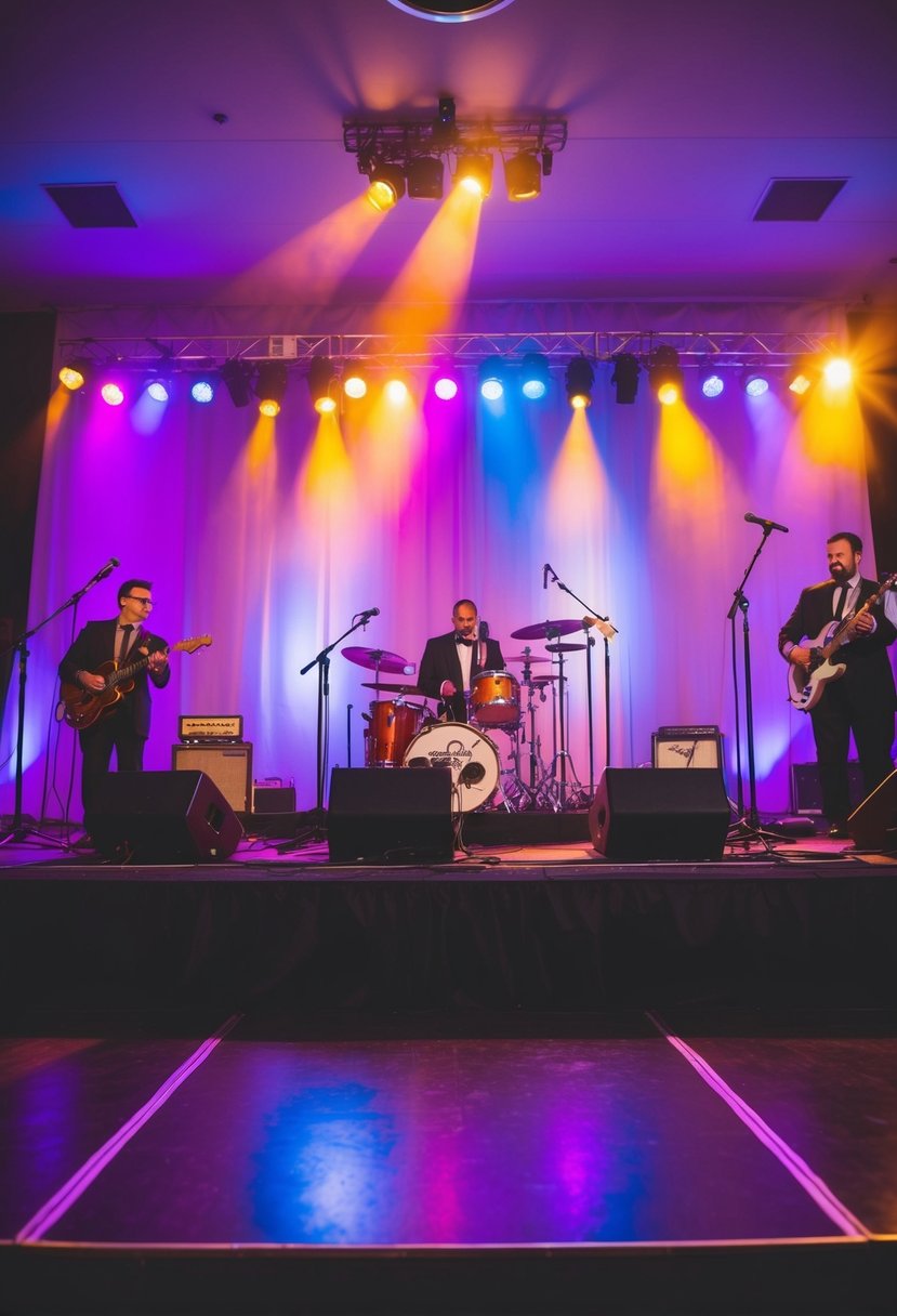 A stage with colorful lights, instruments, and microphones set up for a tribute band performance at a wedding