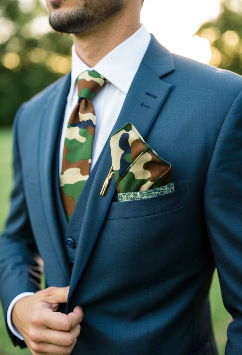 A groom's suit jacket with camo pocket squares tucked in the breast pocket