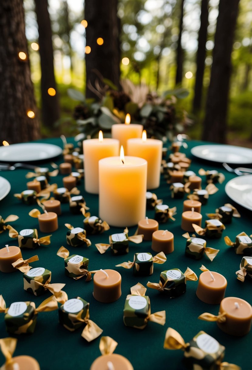 A table scattered with camo-wrapped candies and candles, set amidst forest-themed decor for a camo wedding