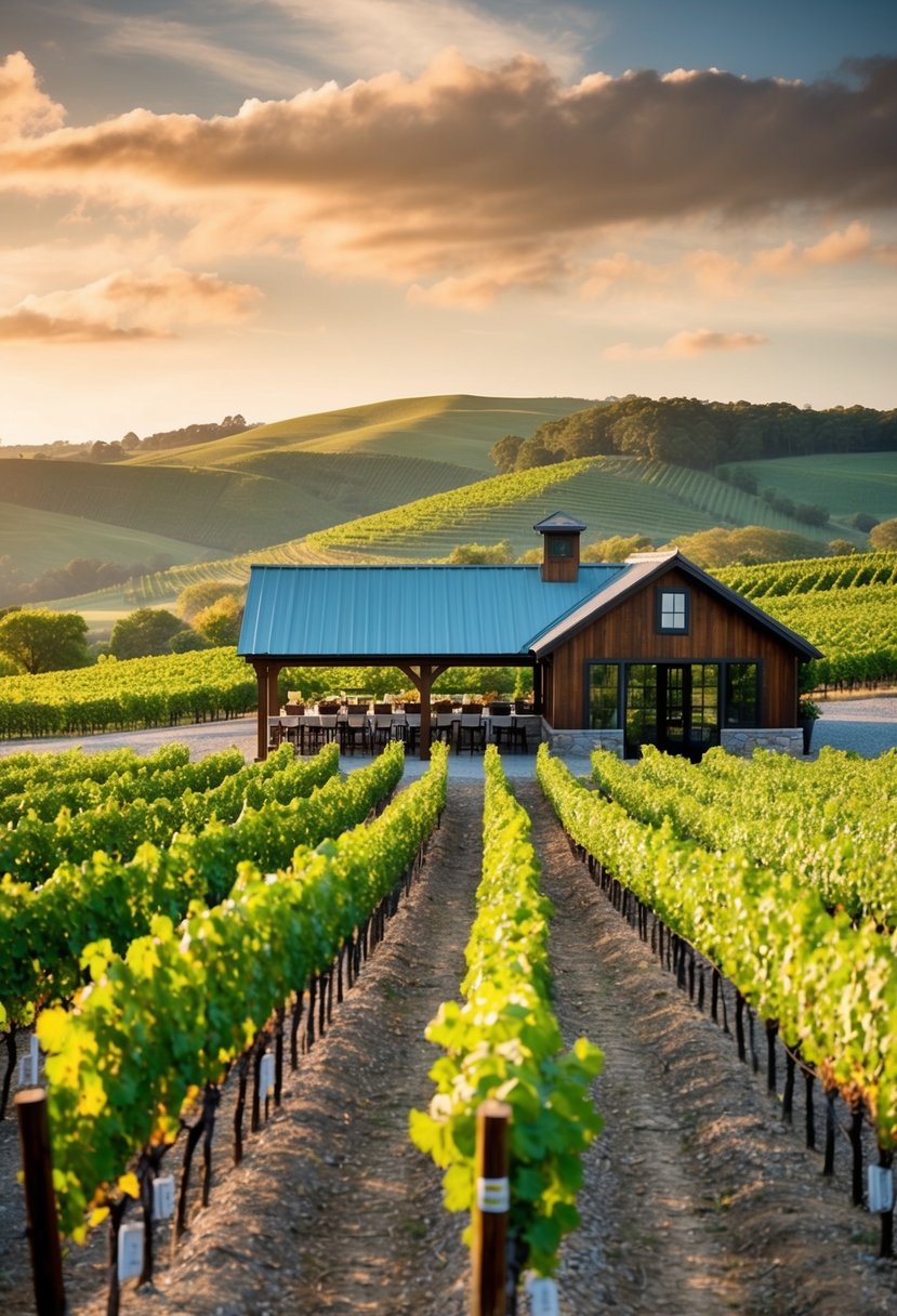 A picturesque vineyard with rows of grapevines, a rustic tasting room, and a scenic backdrop of rolling hills and lush greenery