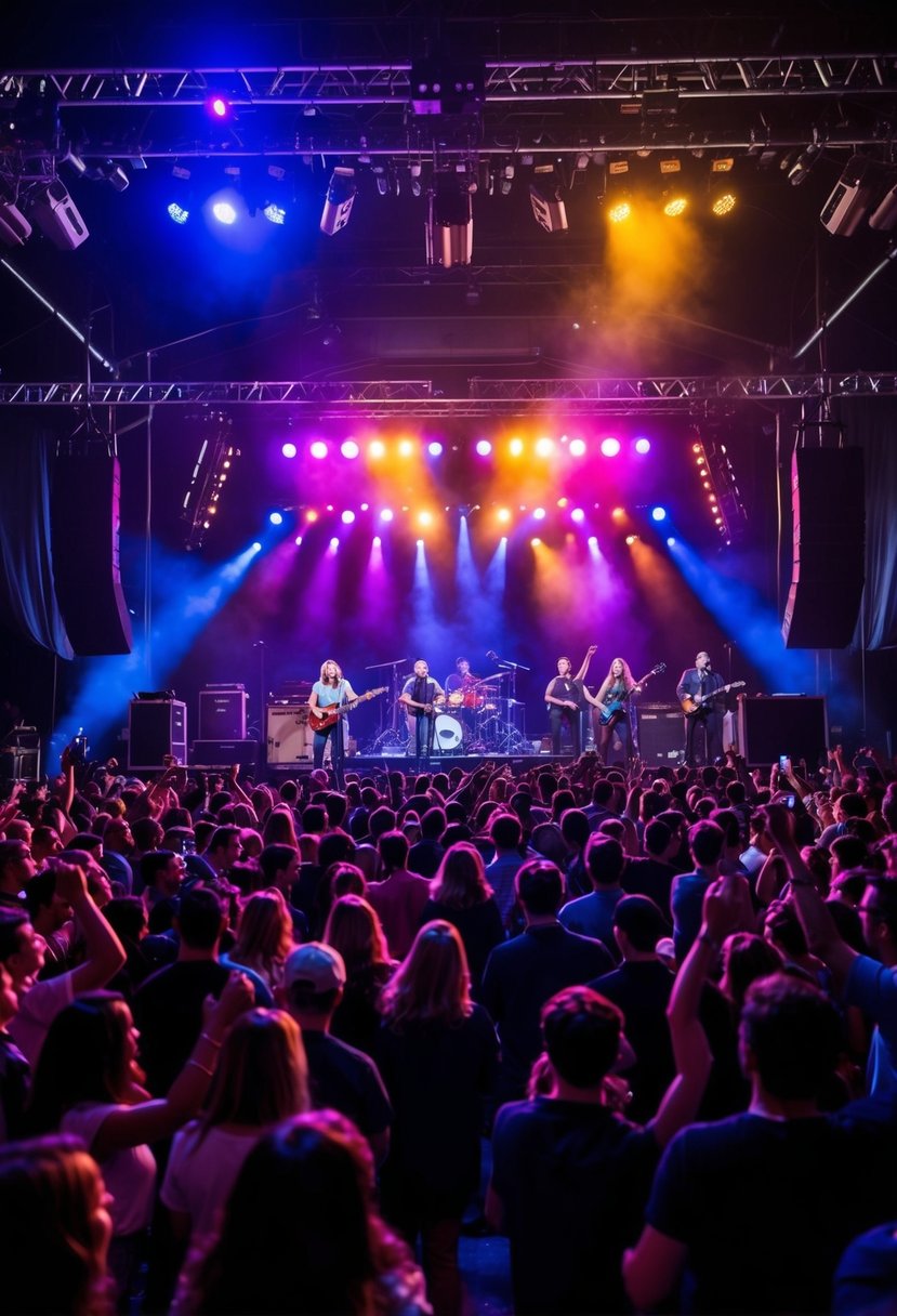 A crowded concert venue with colorful stage lights and a band performing on stage, while the audience cheers and dances