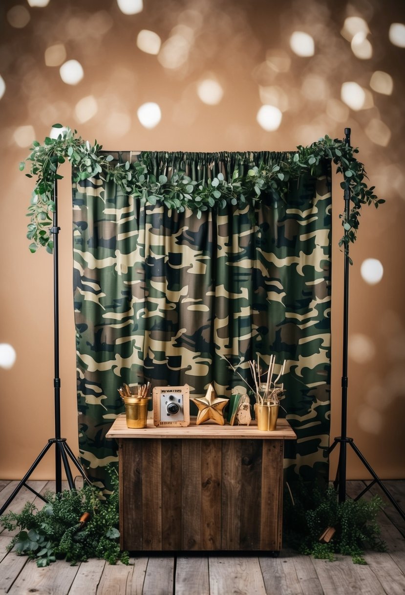 A rustic photo booth with camo-patterned backdrop, props, and greenery