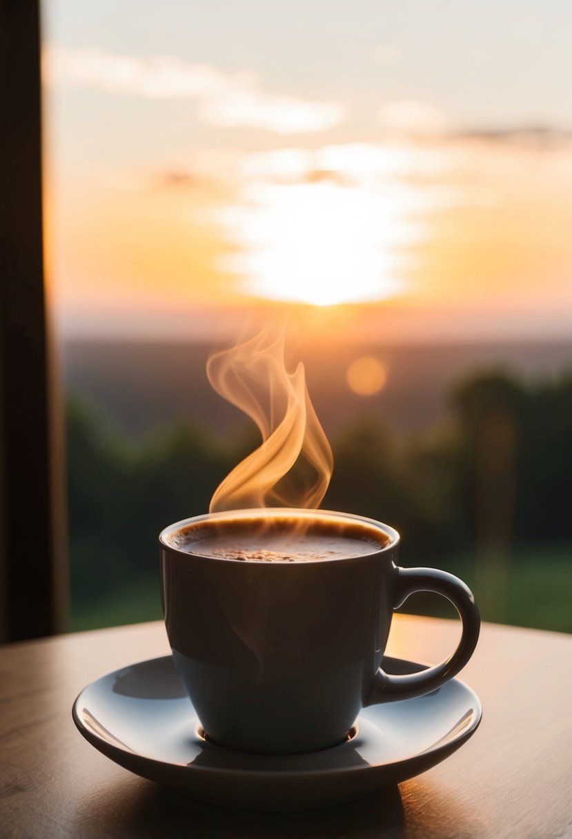 A steaming cup of coffee sits on a table as the sun rises over a serene landscape