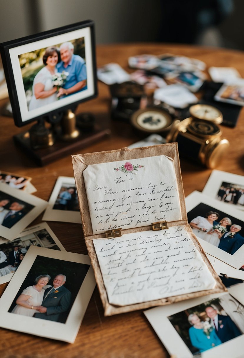 A pair of old, weathered love letters sit on a table, surrounded by photos and mementos from 67 years of marriage