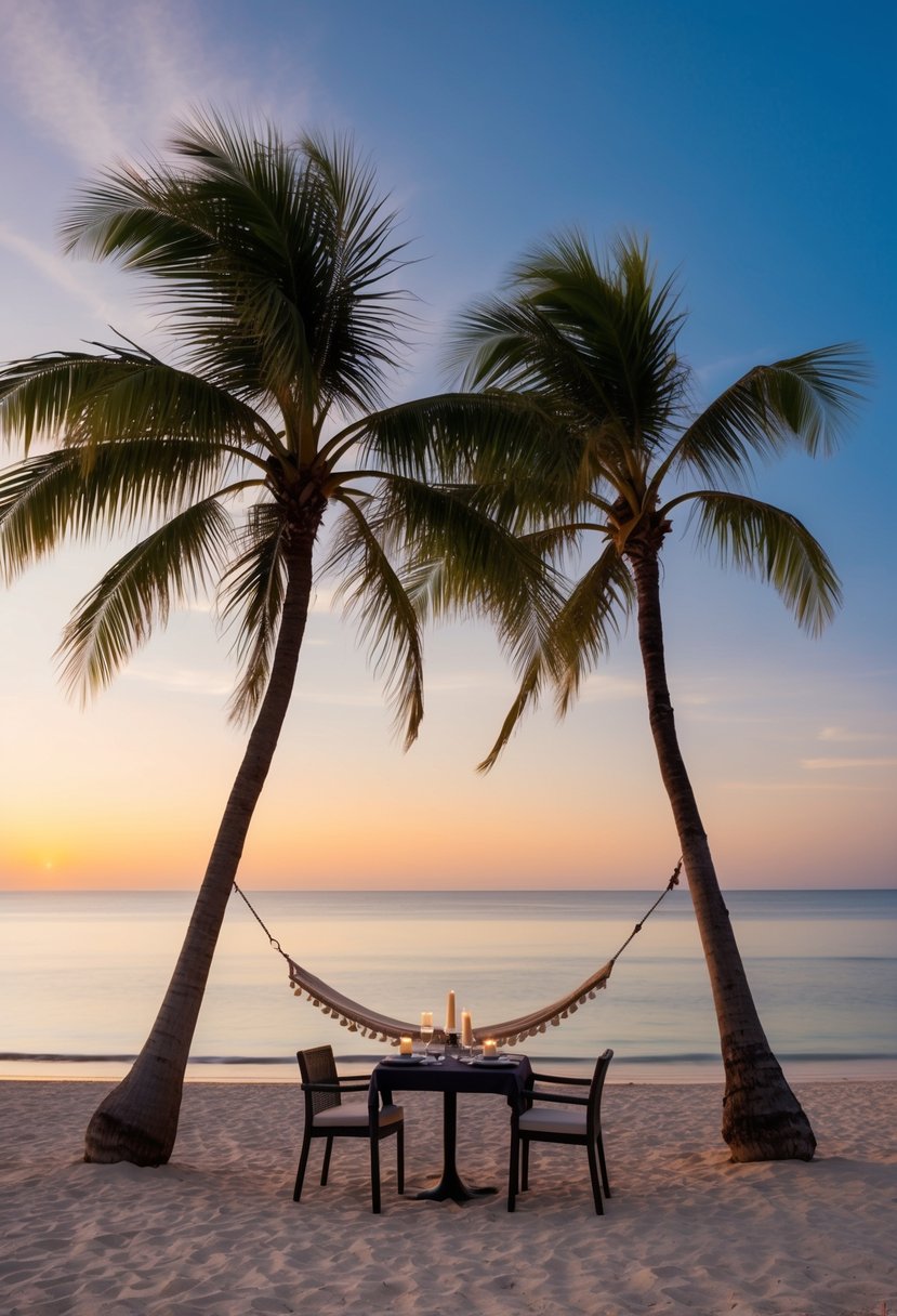 A serene beach at sunset, with a hammock between two palm trees and a table set for a romantic dinner for two