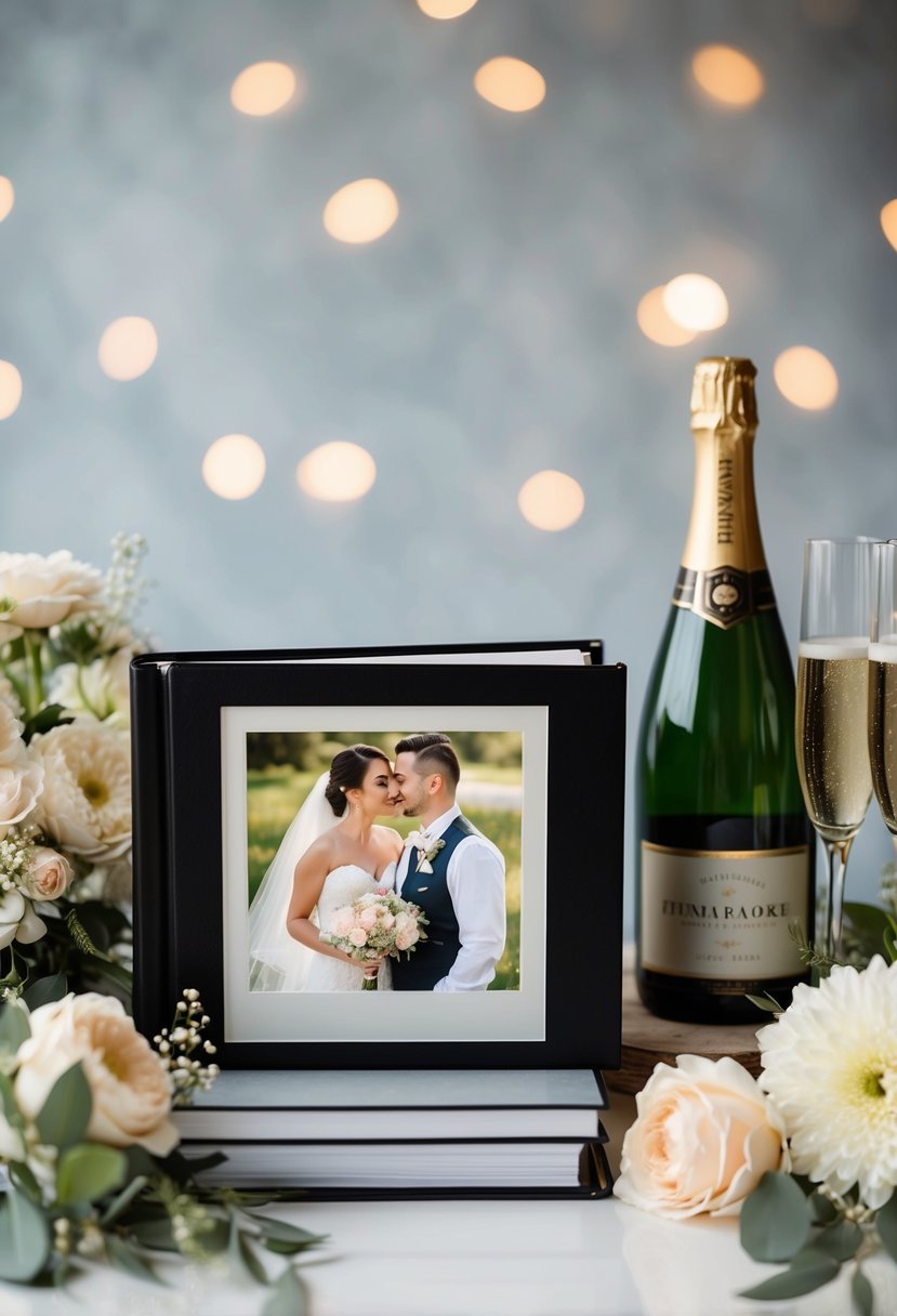 A couple's wedding photo album surrounded by flowers and a champagne bottle on a table