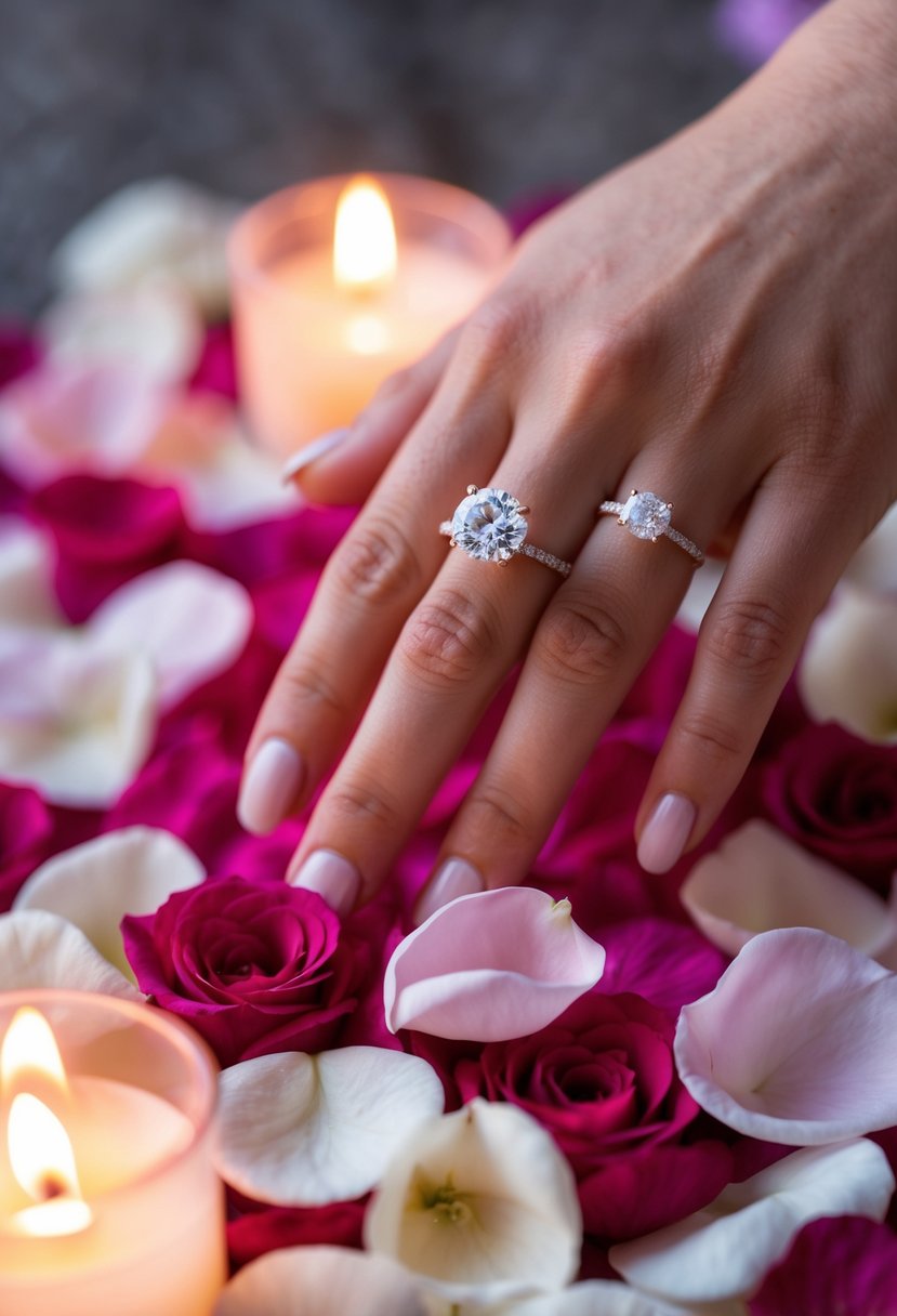 A delicate hand reaches for a sparkling diamond ring nestled in a bed of rose petals and soft candlelight