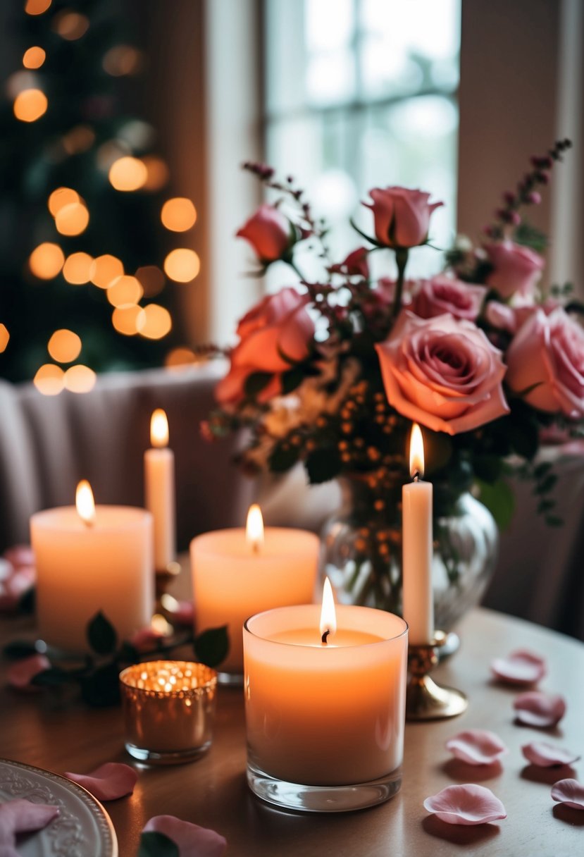 A cozy room with soft candlelight, rose petals, and elegant floral arrangements