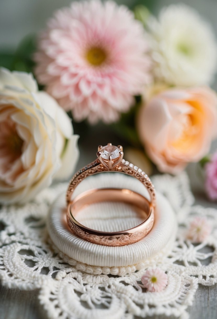 A vintage-inspired rose gold wedding band rests on a bed of delicate lace and surrounded by soft pastel flowers