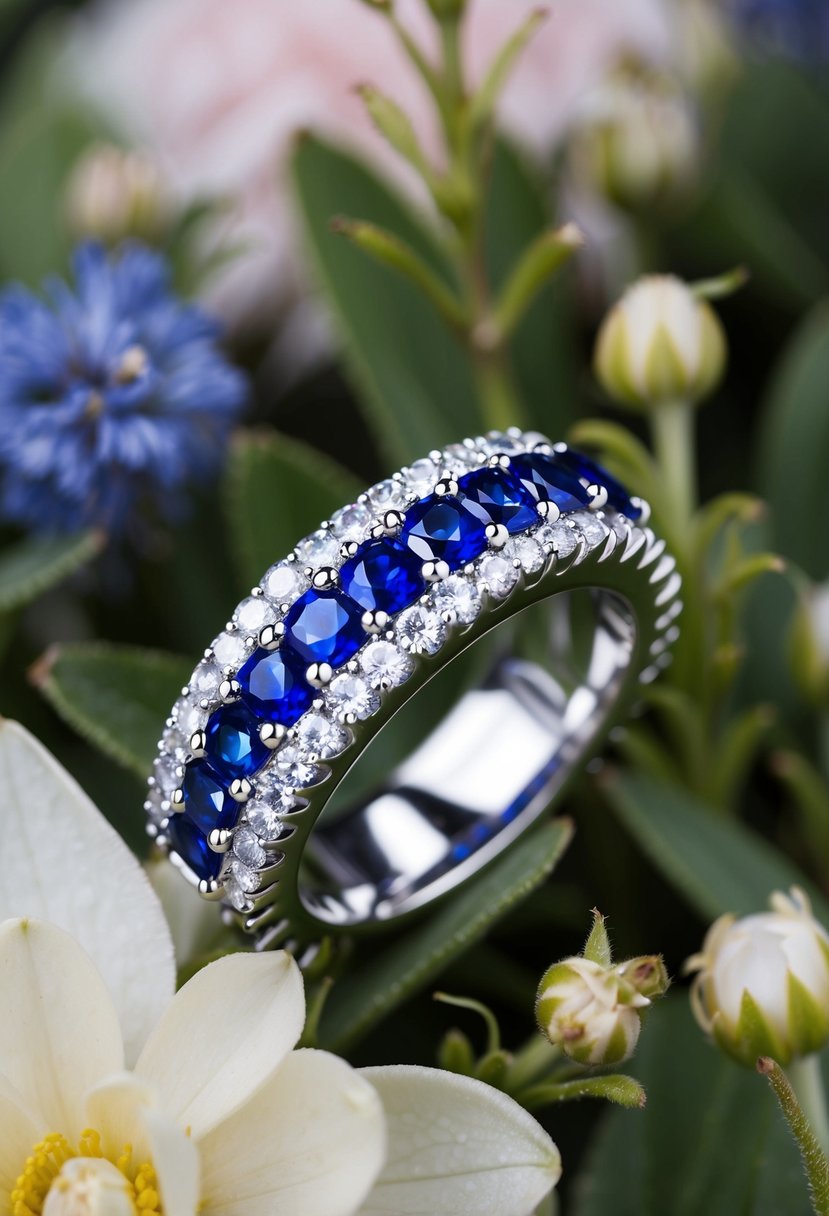 A sparkling eternity ring adorned with deep blue sapphires, nestled among delicate floral accents