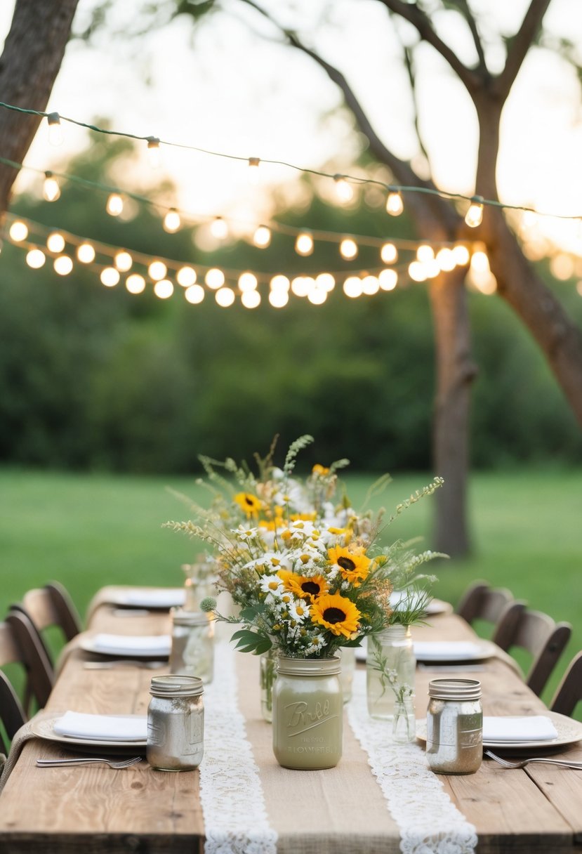 A rustic outdoor wedding with simple burlap and lace table runners, mason jar centerpieces, and wildflower bouquets. Twinkling string lights hang from tree branches