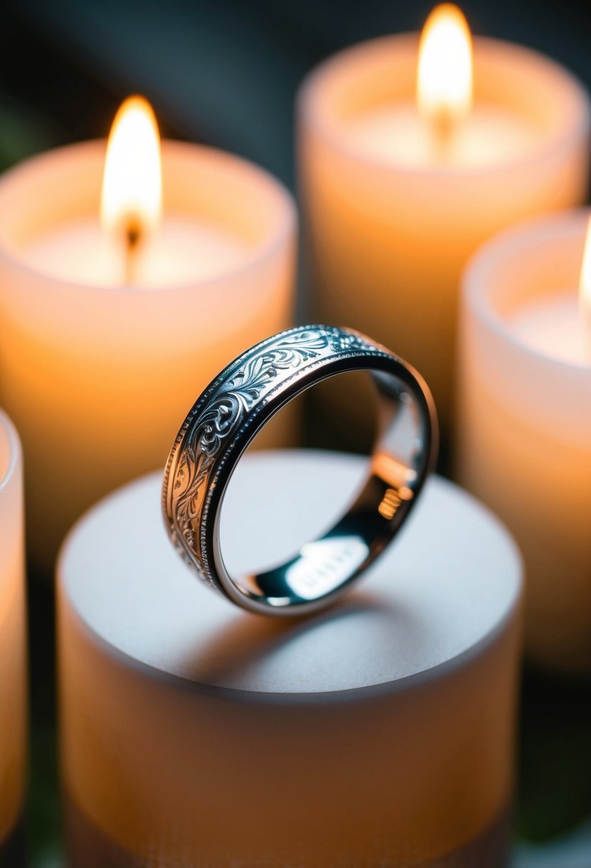 A delicate sterling silver wedding ring with intricate engraving, surrounded by soft candlelight