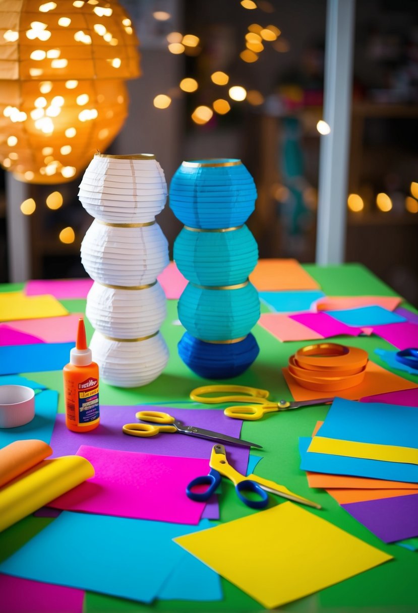 A table covered in colorful paper, scissors, and glue with a stack of paper lanterns in various stages of completion