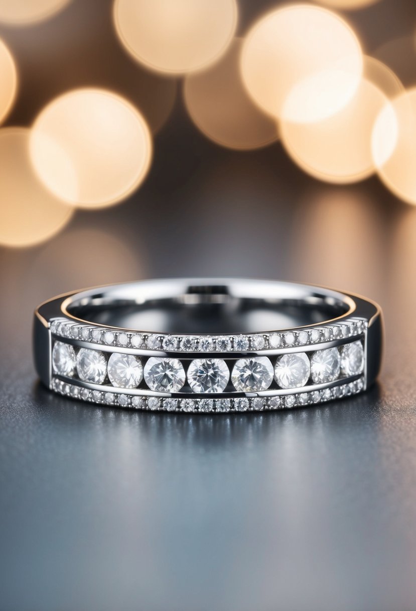 A sleek, geometric wedding band with rows of diamonds set in an Art Deco style