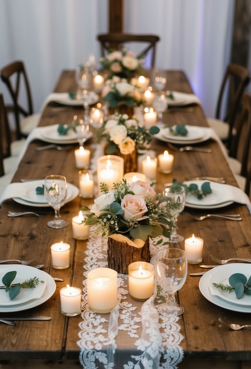 A rustic wooden table adorned with faux flower centerpieces, surrounded by flickering candles and draped with delicate lace, creating an elegant and budget-friendly wedding decor