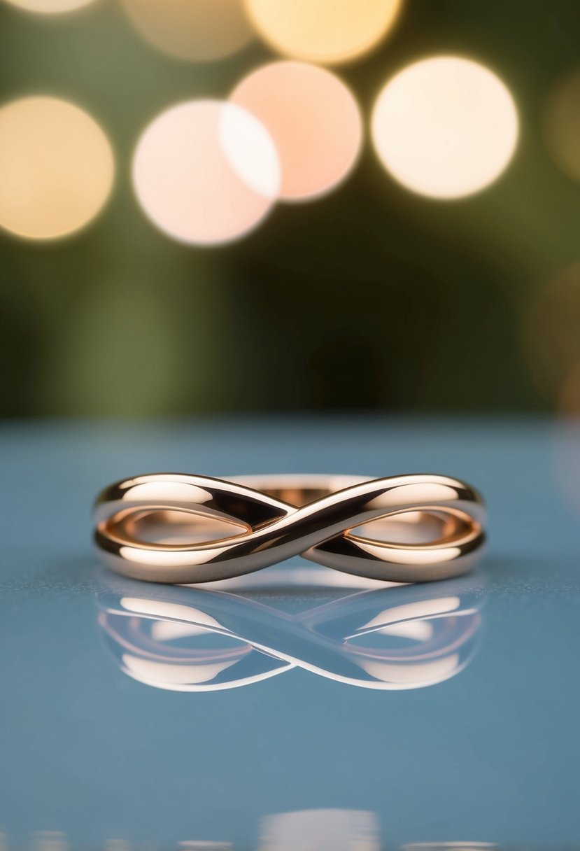 A close-up of an infinity knot design wedding ring on a smooth, reflective surface with soft lighting