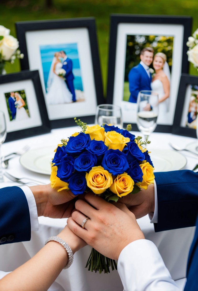 A couple's hands holding a bouquet of blue sapphires and yellow roses, surrounded by framed wedding photos and a table set for two