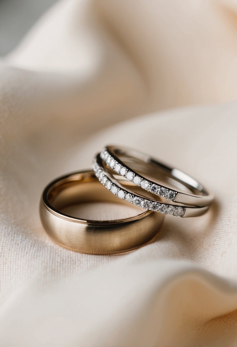 Two elegant curved wedding bands, one adorned with delicate diamonds, resting on a soft, pastel-colored fabric