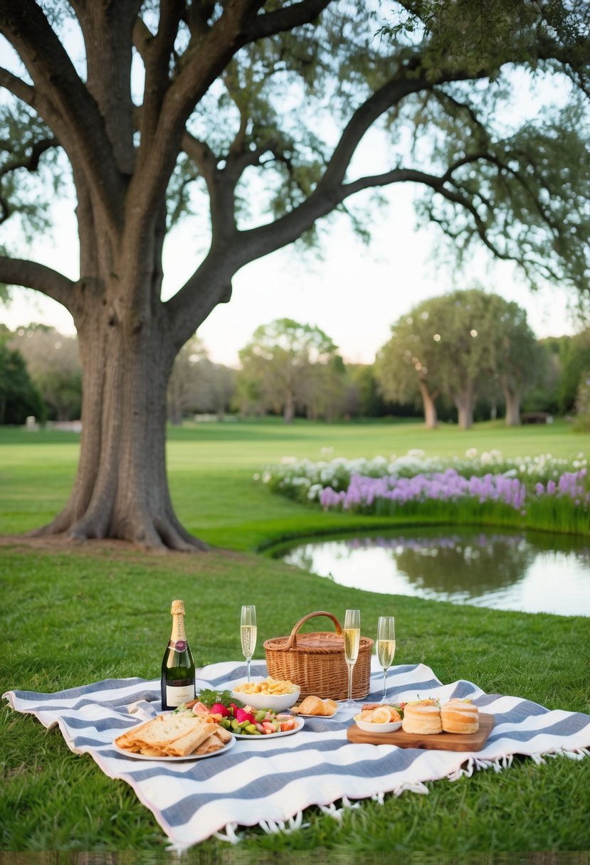 A cozy picnic blanket under a large oak tree, surrounded by blooming flowers and a serene pond. A spread of delicious food and a bottle of champagne set the scene for a romantic celebration