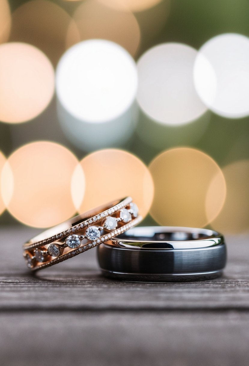 Two wedding bands side by side, one with a delicate and elegant design, and the other with a more masculine and sturdy appearance