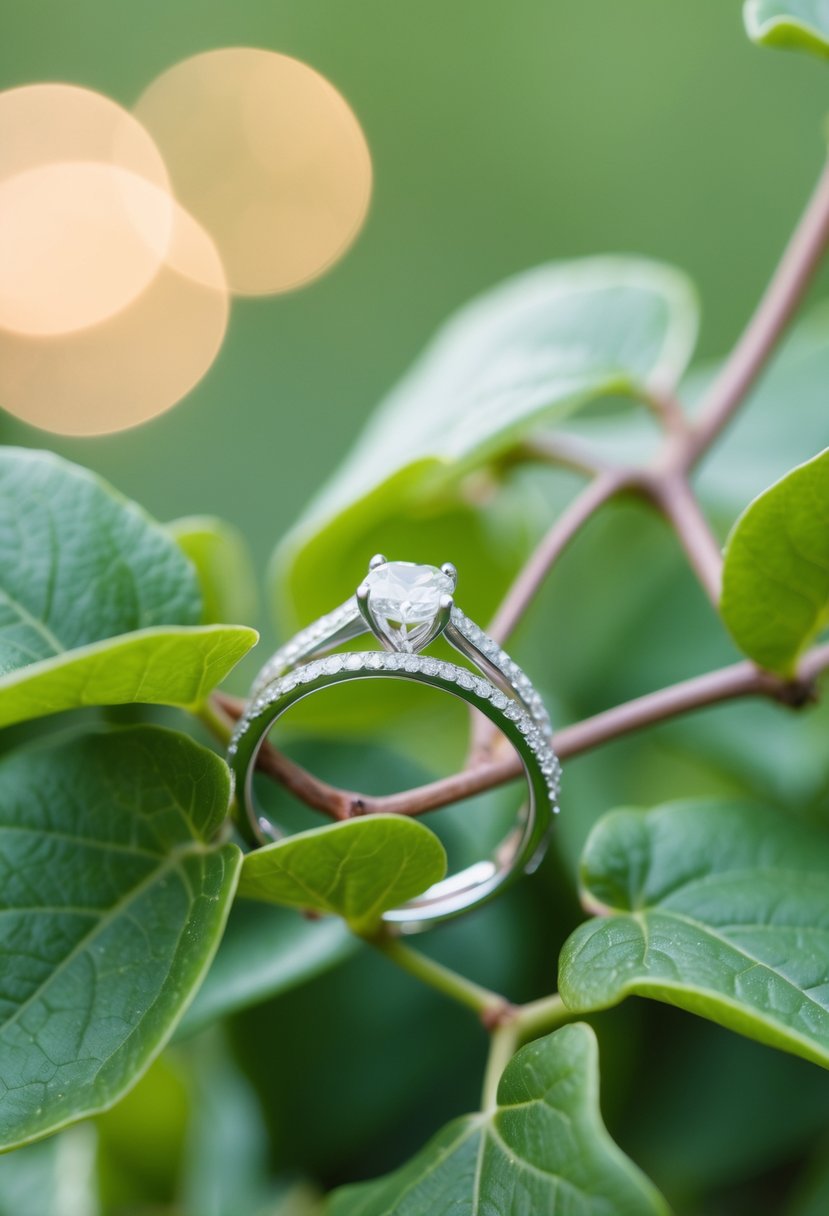 A delicate vine with leaves intertwining around a wedding ring, inspired by the beauty of nature