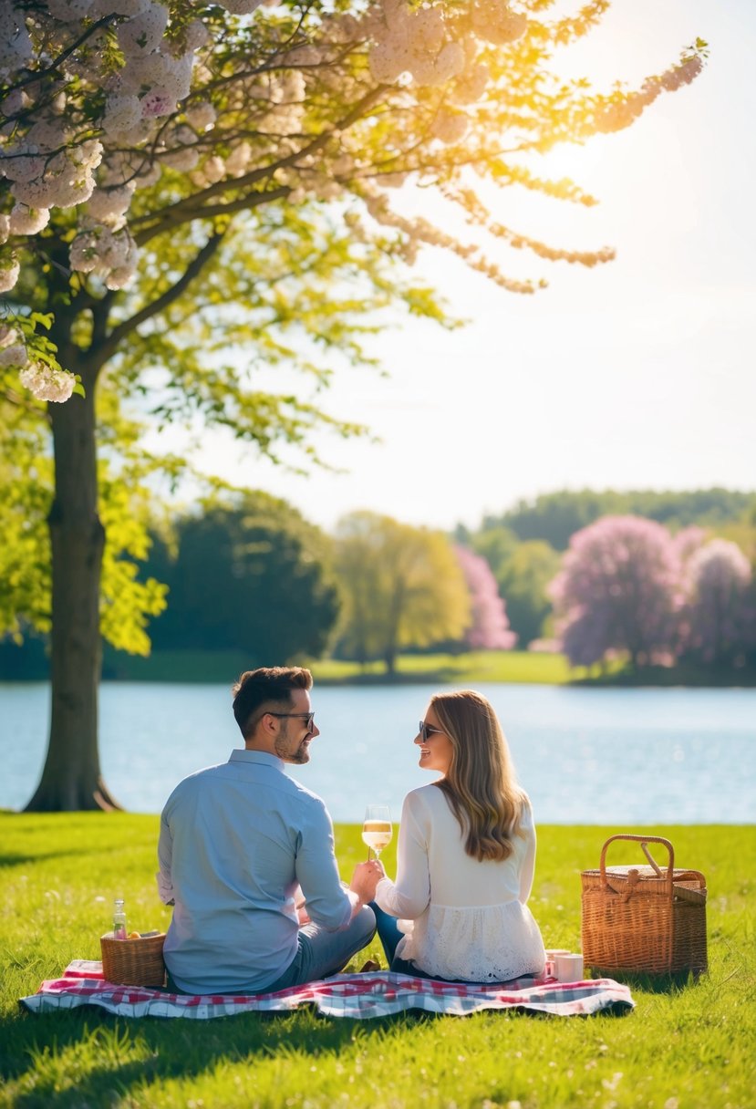 A couple enjoys a picnic in a sunlit park, surrounded by blooming flowers and a serene lake, reminiscing about their first date