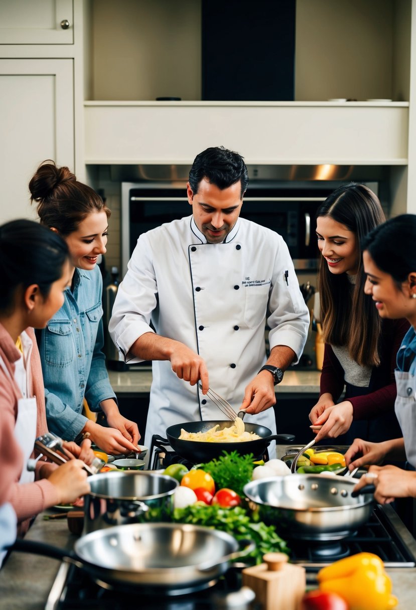 A cozy kitchen with a chef demonstrating cooking techniques to a small group of students, surrounded by pots, pans, and fresh ingredients